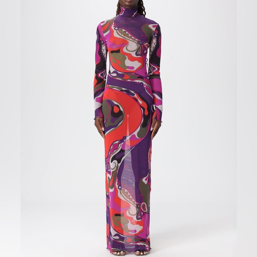 Emilio Pucci Vibrant Abstract Print Turtleneck Sheer Mesh Flared Maxi Dress